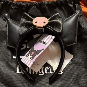 Loungefly Kuromi Black Faux-Leather Cat Ear Headband with Pink Skull Bow
